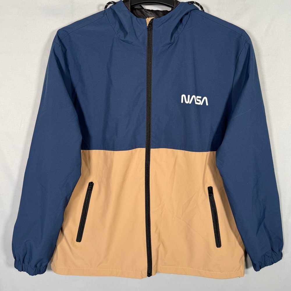 NASA Mens Windbreaker Jacket Blue Tan Hooded Full Zip XL